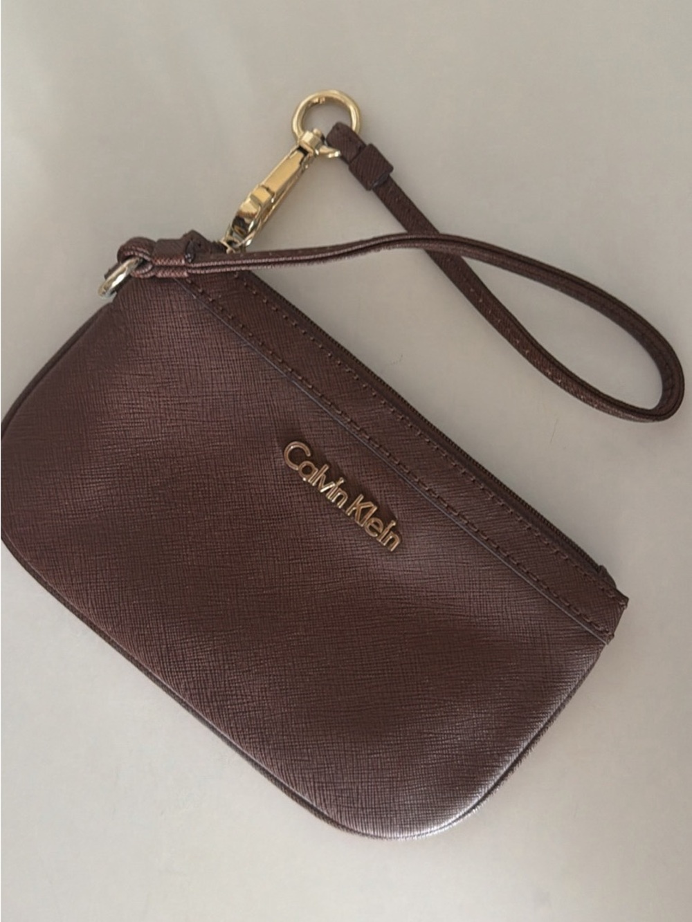 Calvin Klein Dark Brown Leather Wristlet with Gold Hardware